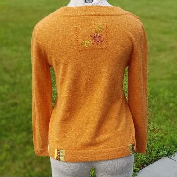 J. Jill Lambswool Sweater Women's Small Orange 3/4 Sleeve Embroidered Wool Art - Picture 11 of 12